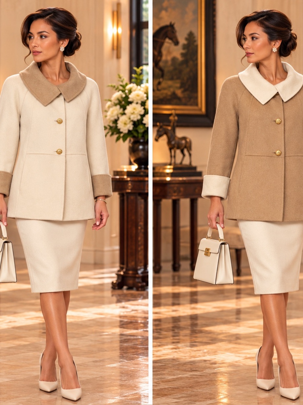 St. John Sport Elegant Two-Tone Reversible Cream and Tan Angora Jacket - Size M